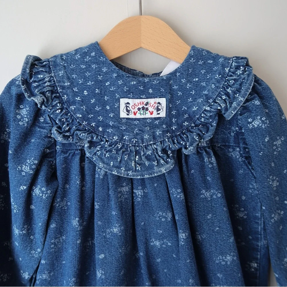 Vintage OshKosh B'Gosh Girl & Flowers Print Long Sleeve Denim Bib Dress 3-4T